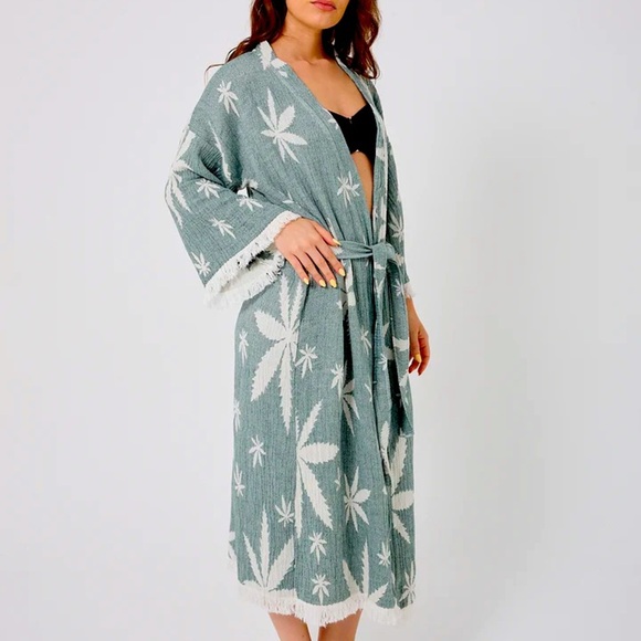 Women's Blue + White Leaf Patterned Robe One Size New 100% Organic Cotton NEW - Picture 6 of 12